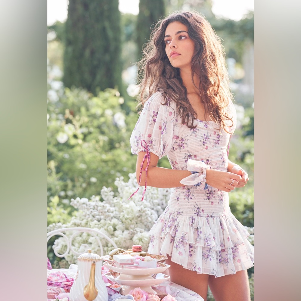 LoveShackFancy X Aerin Violet Shirred Mini Dress Cloud Dancer Sz M NWT